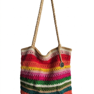 Colorful handmade crochet tote bag with multi-color stripes